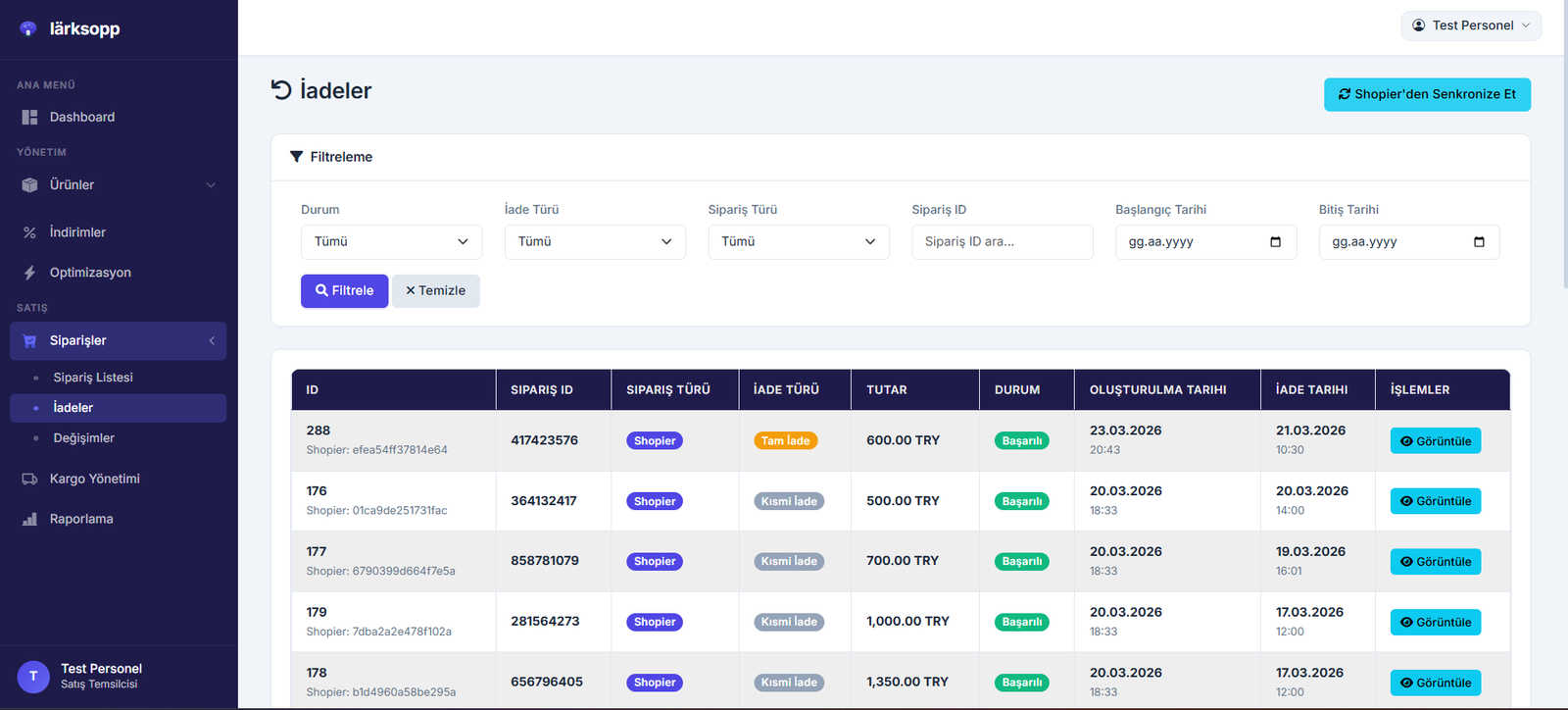İade Yönetimi ekranı